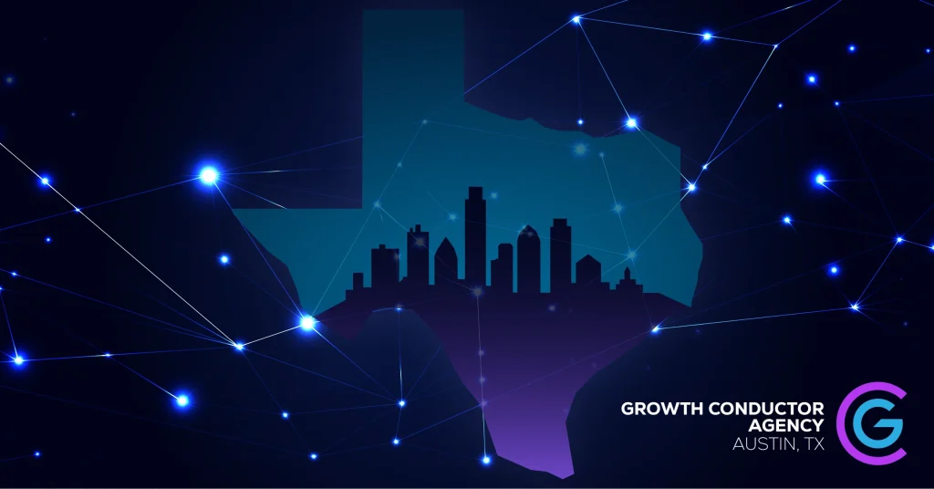 Texas outline with Austin skyline and network connections