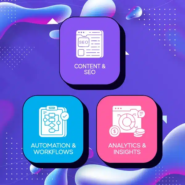 Content SEO, Automation, Analytics graphics on gradient background.