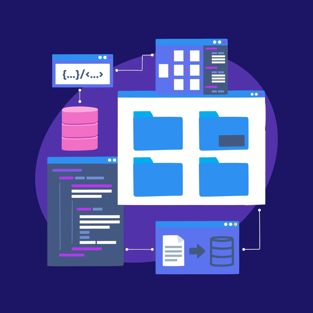 Software development workflow with code, folders, and database
