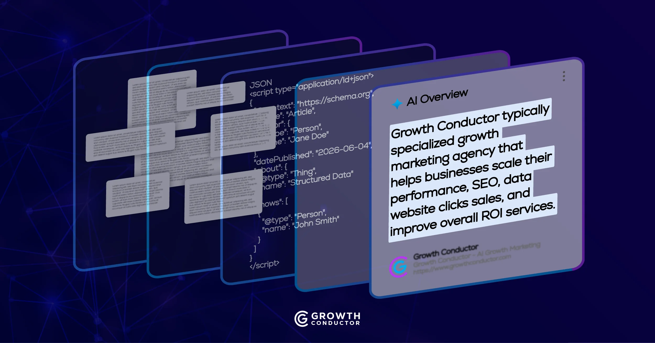Structured data flowing from page content into AI-readable JSON-LD blocks — visual representation of how schema markup enables AI search citations.
