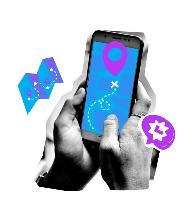 Hands holding smartphone with navigation app