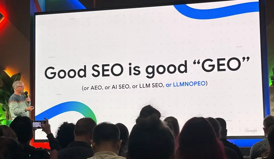 Conference slide reading "Good SEO is good GEO