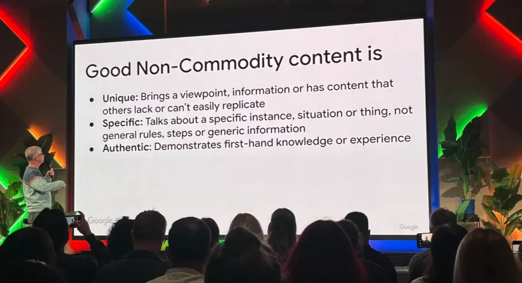 Conference slide about good non-commodity content principles