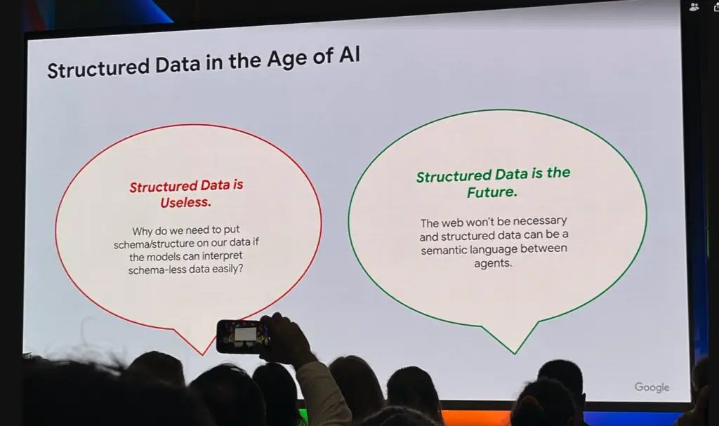Presentation slide on structured data and AI debate