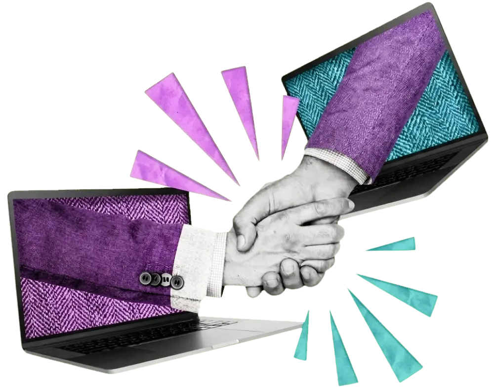 Hands shaking between two laptops