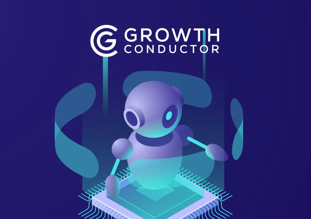 Futuristic robot on microchip with Growth Conductor logo