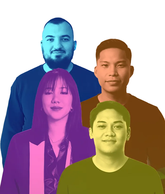 Four diverse people with colorful gradient overlays