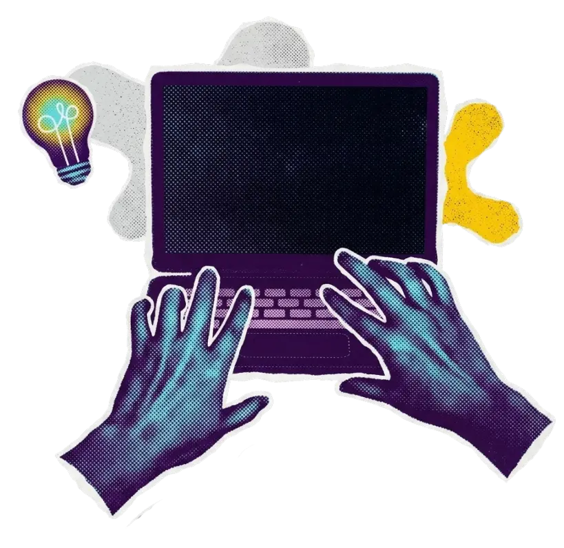 Illustrated hands typing on laptop with lightbulb icon