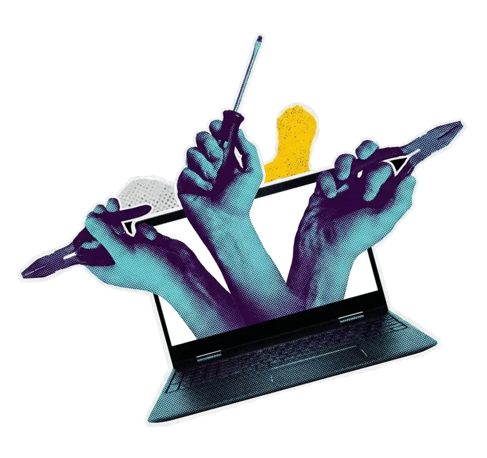 Hands with tools emerging from laptop screen