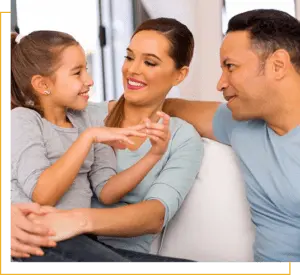 A family sitting on the couch together