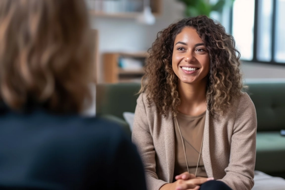 A woman smiles with her therapist during an assessment session