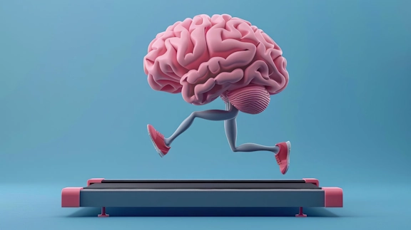 Cartoon image of a brain running on a treadmill, representing the need for healthy cognitive function