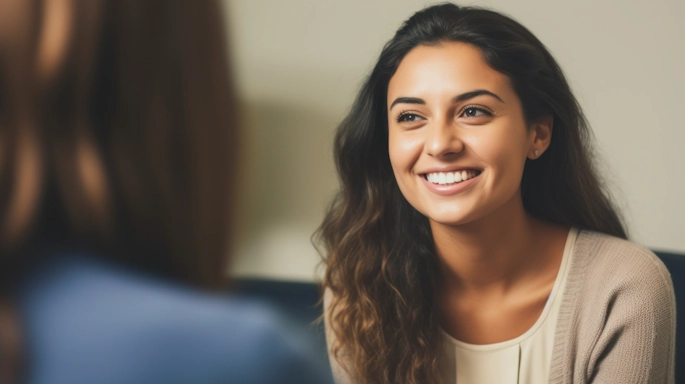 A woman smiles as she speaks with her therapist, having healed from trauma