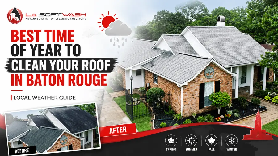 Best time of year to clean a roof in Baton Rouge, LA, featuring LA SoftWash and a before-and-after roof cleaning example.