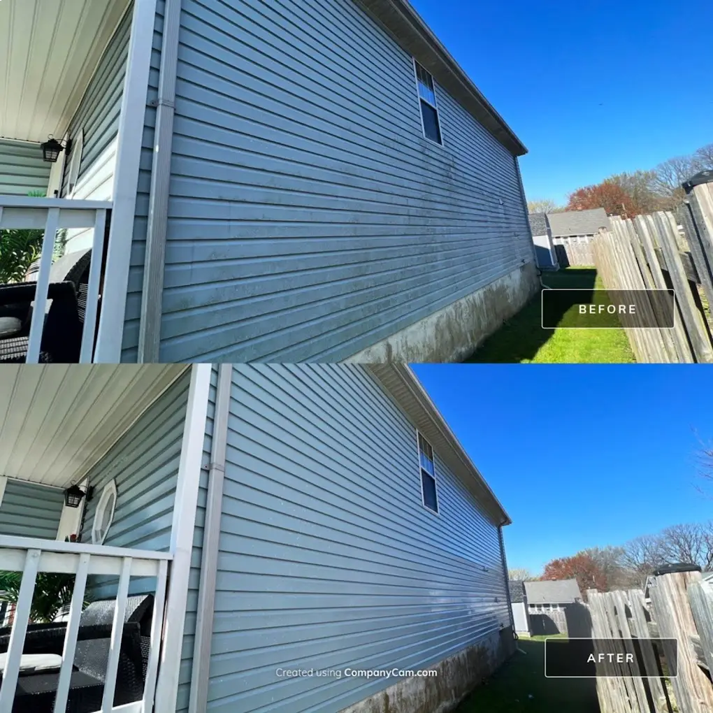 Before and after pressure washing of a vinyl-sided house showing removal of dirt and grime