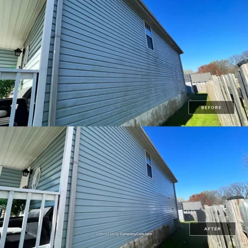Before and after pressure washing of a vinyl-sided house showing removal of dirt and grime