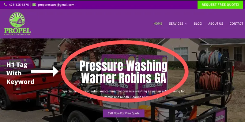 H1 Tag Example on Pressure Washing Website