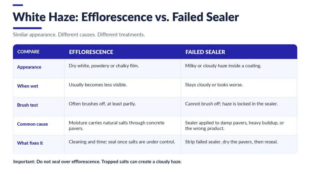 Comparison infographic explaining the differences between white efflorescence and cloudy failed paver sealer, including appearance, causes, and solutions.