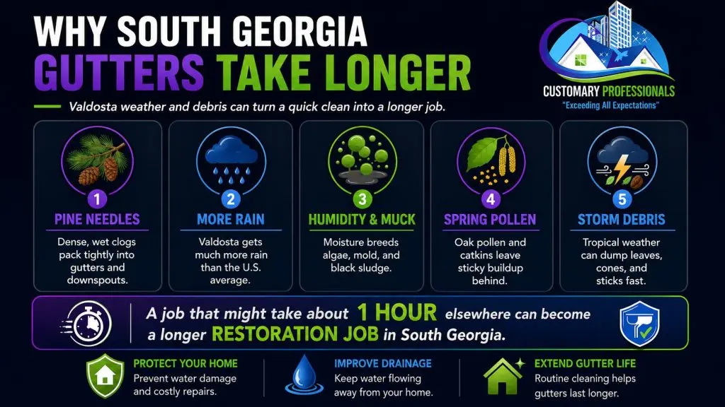 Infographic explaining why gutter cleaning takes longer in Valdosta, GA because of pine needles, heavy rain, humidity, pollen, and storm debris.