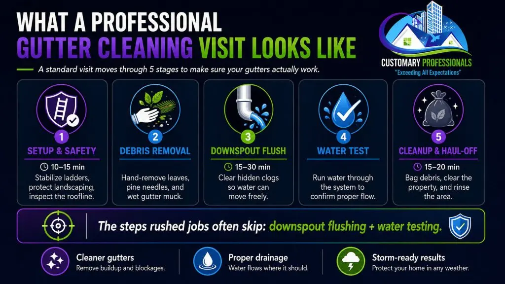 Infographic showing the 5 stages of a professional gutter cleaning visit in Valdosta, GA, including setup and safety, debris removal, downspout flushing, water testing, and cleanup.