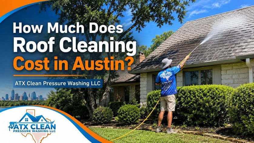 ATX Clean Pressure Washing technician professionally cleaning a residential roof in Austin, Texas.