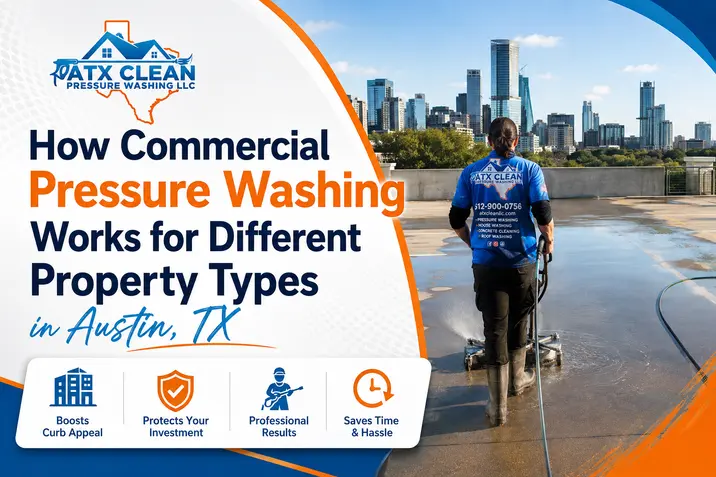 ATX Clean Pressure Washing technician cleaning a commercial property in Austin, TX, with icons showing benefits and common property types served.