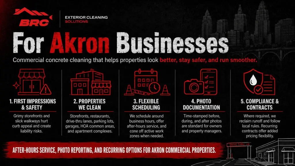 Infographic about commercial concrete cleaning in Akron, covering first impressions, safety, properties cleaned, flexible scheduling, photo documentation, and compliance for business properties.