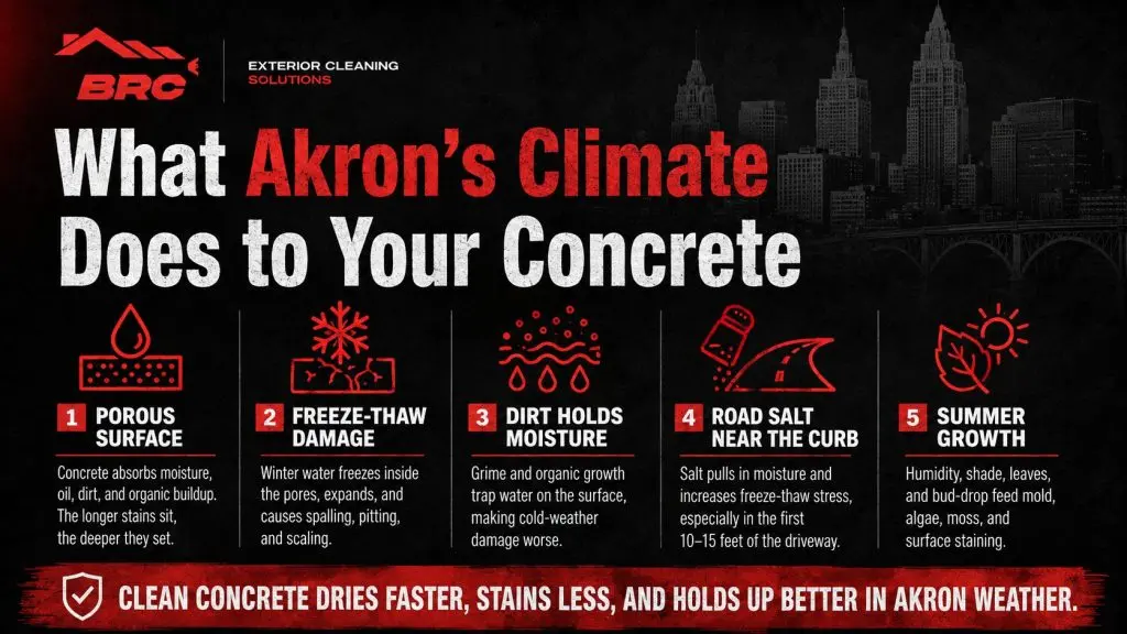 Infographic showing how Akron’s porous concrete, freeze-thaw cycles, road salt, trapped moisture, and summer growth cause surface damage.