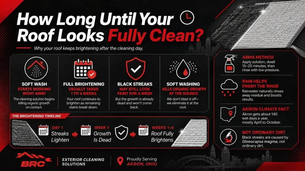Infographic showing how soft wash roof cleaning in Akron works over time, with full brightening typically taking 1 to 4 weeks after treatment.