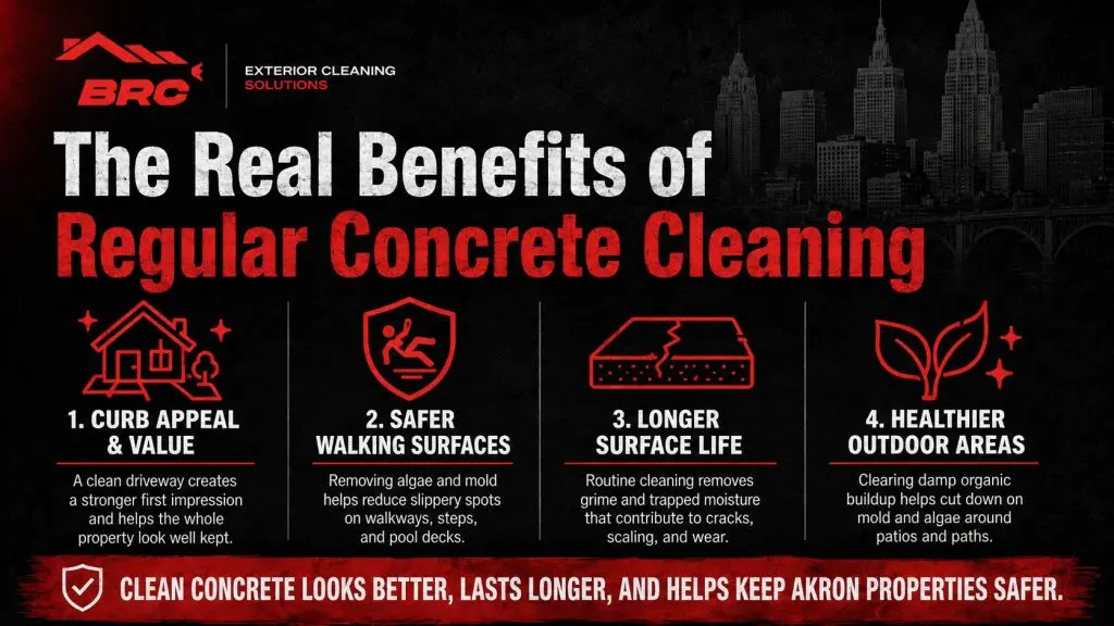 Infographic showing the benefits of regular concrete cleaning in Akron, including better curb appeal, safer walking surfaces, longer concrete life, and healthier outdoor areas.