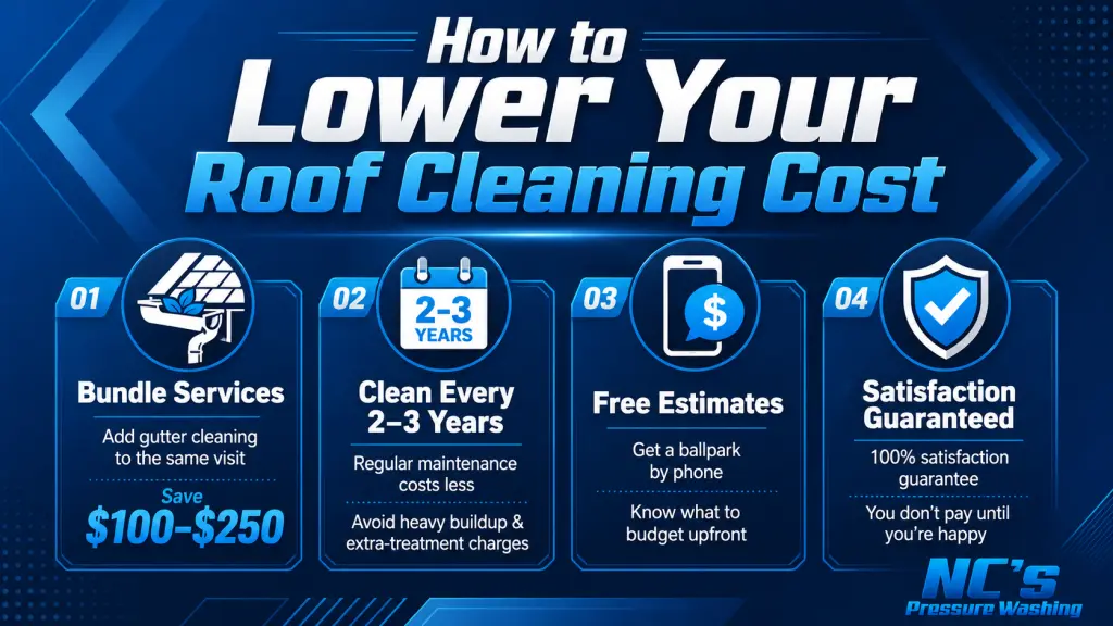 Infographic showing four ways to lower roof cleaning costs, including bundling gutter cleaning, cleaning every 2 to 3 years, getting free estimates, and using a satisfaction guarantee.