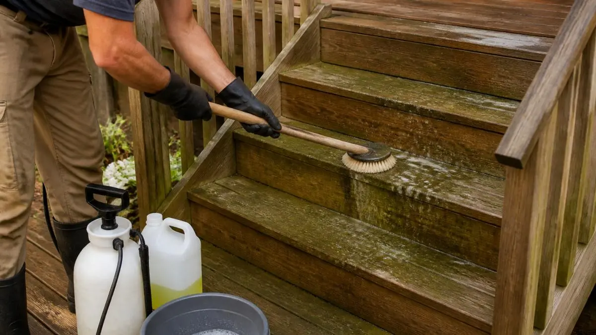 Professional demonstrating stiff-bristle brush technique scrubbing green algae and slime off wooden deck stairs with cleaning solution visible on surface