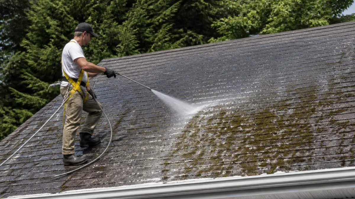 Professional technician in safety equipment spraying low-pressure cleaning solution onto an asphalt shingle roof with visible black algae streaks and moss patches, using handheld spray equipment with careful, controlled application technique