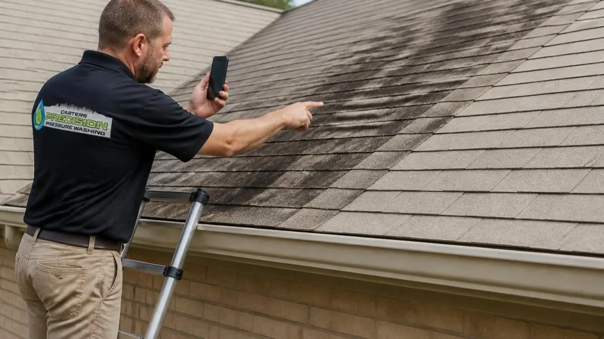 A homeowner standing on a ladder at the edge of a shingle roof, pointing at dark streaks while holding a phone to take a photo for comparison