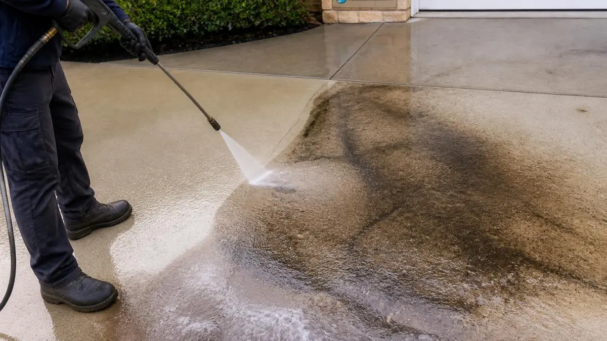 Professional pressure washing equipment spraying a concrete driveway with visible oil stains, showing the transformation from stained surface to clean concrete in real-time, with water and degreaser working together