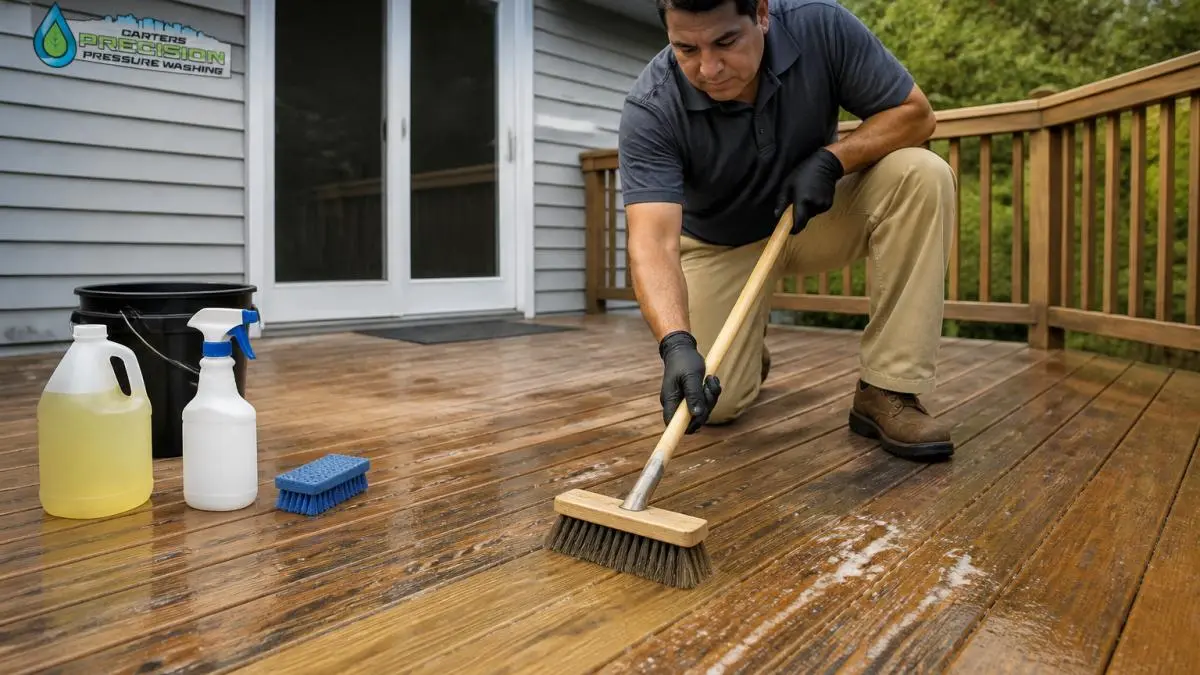 Homeowner scrubbing wooden deck with soft-bristled brush using proper downward technique with wood grain visible, natural morning light