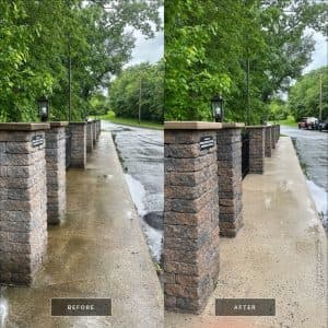 before and after comparison of cleaned concrete sidewalk showing significant dirt removal and improved visibility