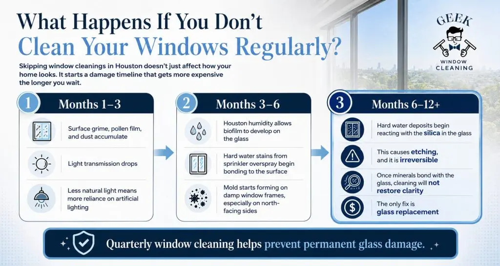 Infographic showing what happens to Houston windows that go uncleaned for 1 to 12+ months