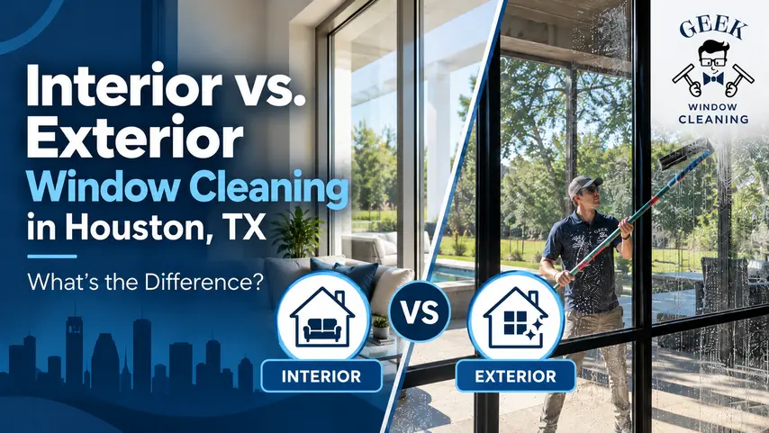 Professional window cleaner washing exterior windows of a Houston, TX home, illustrating the difference between interior and exterior window cleaning.