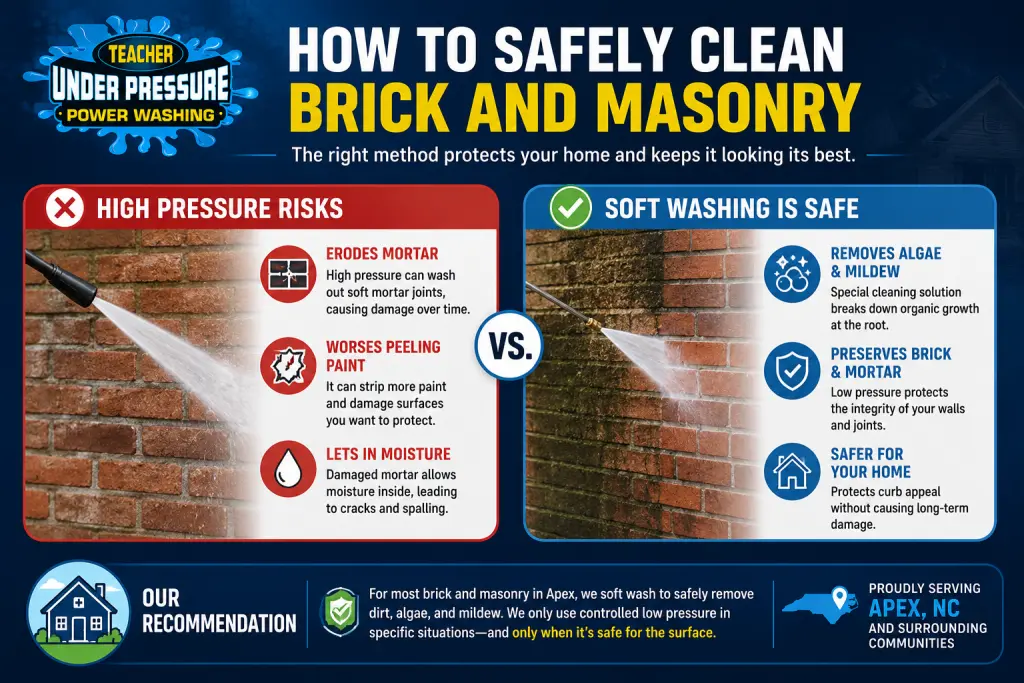Infographic comparing high-pressure washing risks with safe soft washing methods for brick and masonry in Apex, NC.