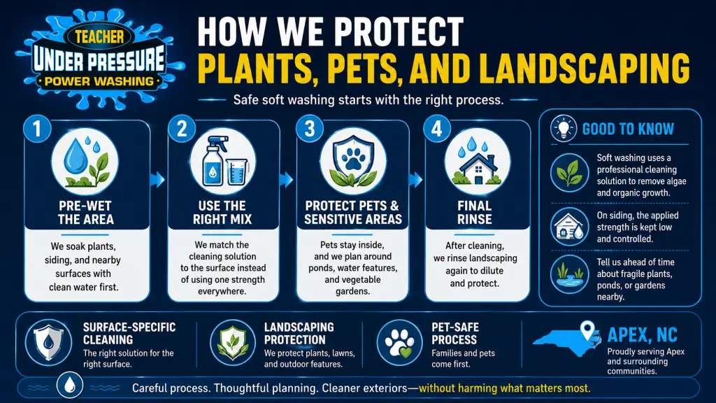 Four-step infographic showing how plants, pets, landscaping, ponds, and sensitive areas are protected during professional soft washing in Apex, NC.