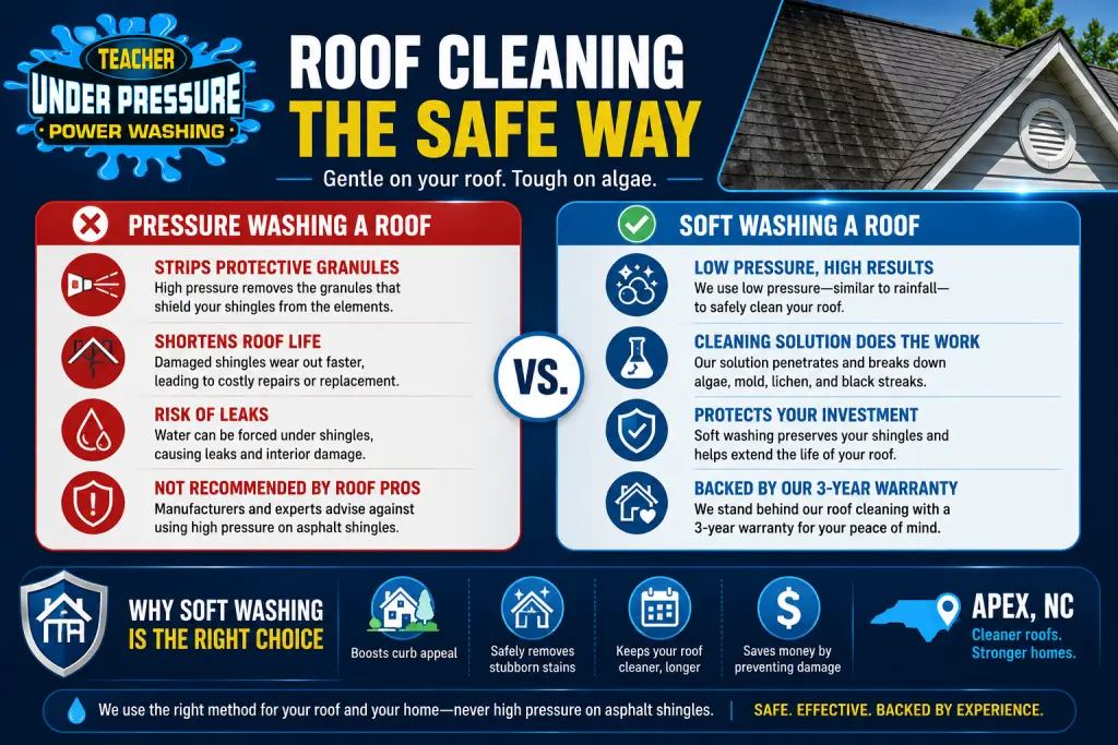 Infographic showing why asphalt shingle roofs should be soft washed instead of pressure washed to prevent roof damage in Apex, NC.