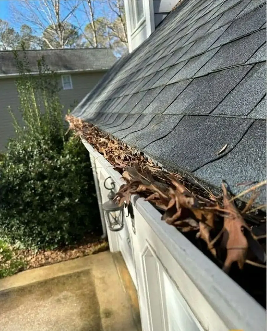Clogged gutter full of leaves and debris — before cleaning