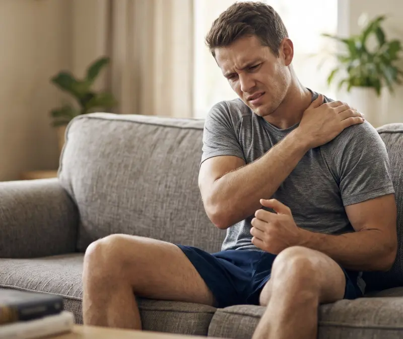 Man sitting in his living room grabbing his painful shoulder, illustrating the need for chiropractic pain relief.