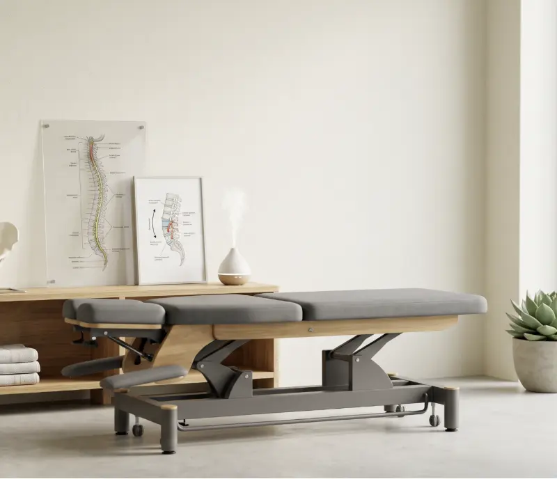 Chiropractic treatment table with spinal model illustration, demonstrating McCracken Chiropractic’s commitment to cause focused care
