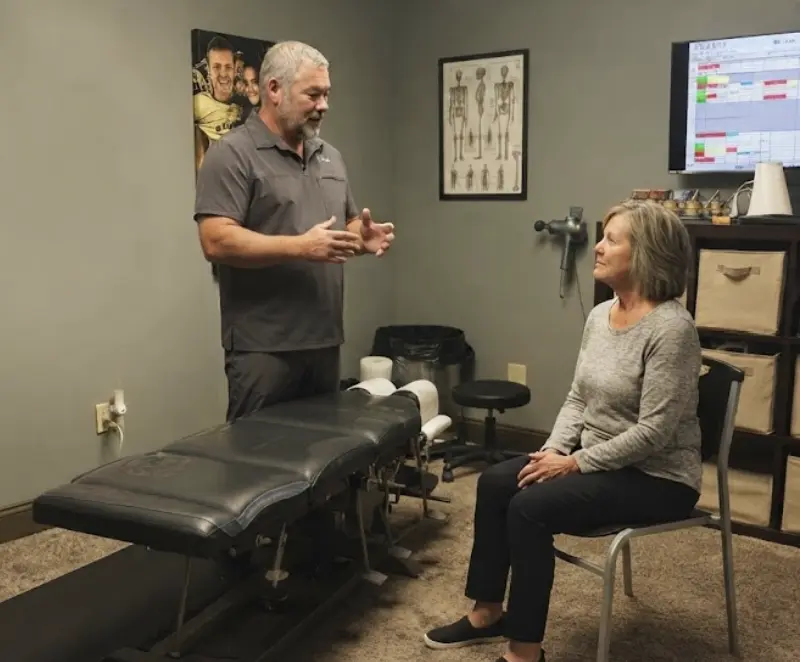 Dr. Chris McCracken consulting with a patient in a treatment room at McCracken Chiropractic in Calhoun, GA.