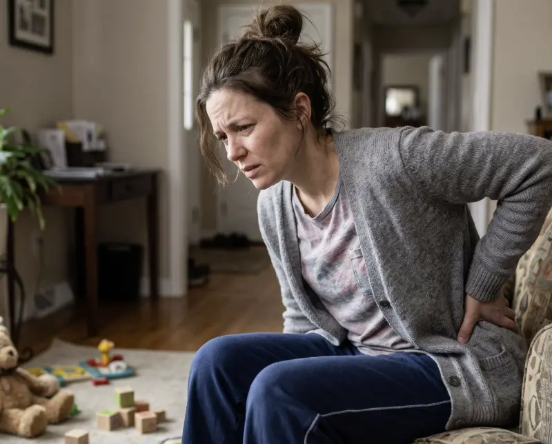 Woman sitting on the edge of a couch grimacing and holding her lower back in pain.