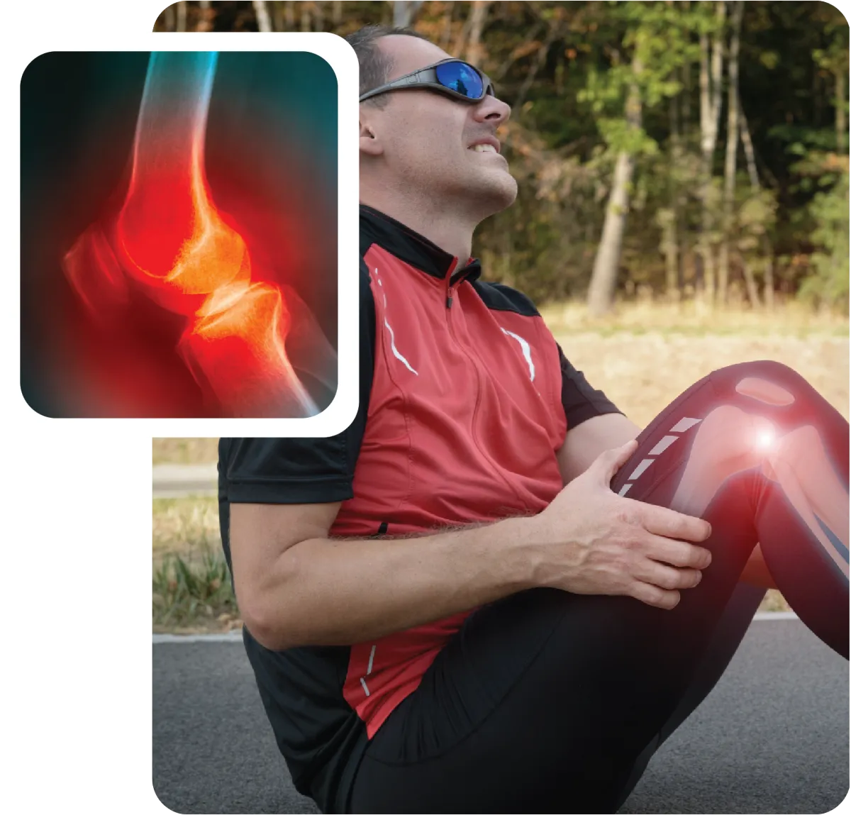Cyclist in a red shirt holding his leg in pain, with an anatomical graphic highlighting knee joint inflammation.