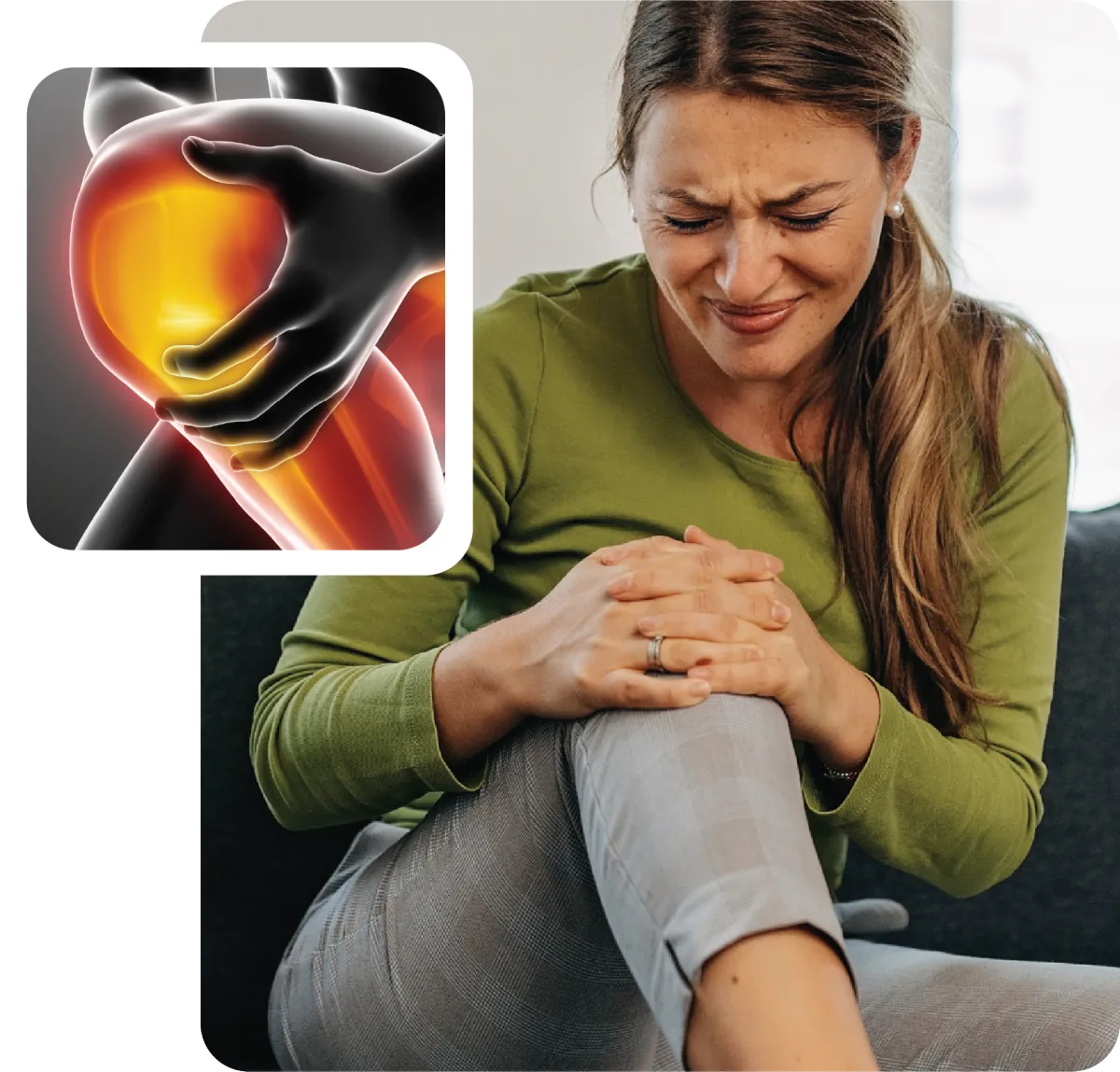 Woman holding her knee in discomfort with an anatomical graphic highlighting knee joint pain.