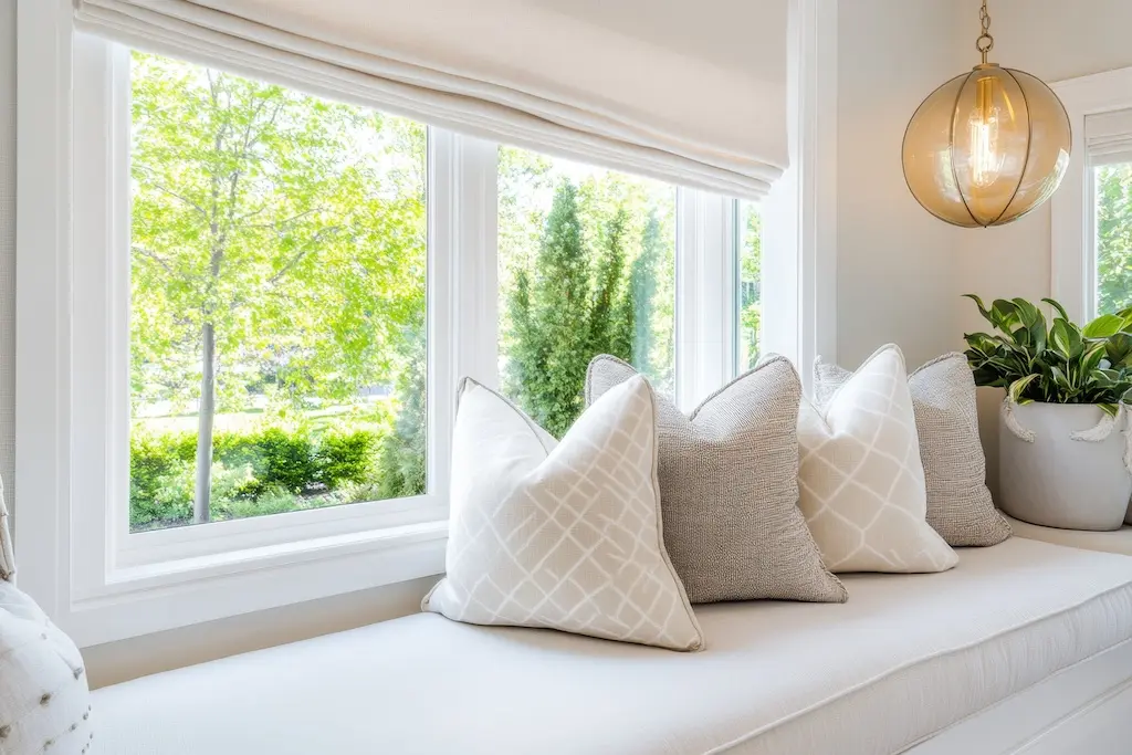 standard window sizes A cozy window seat with custom upholstered cushions in soft, pastel colors, overlooking a garden view